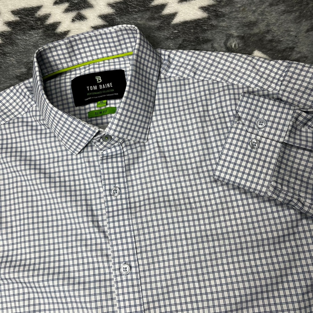 Tom Baine Performance Slim Fit Grid Dress Shirt Blue White XL 17-17.5